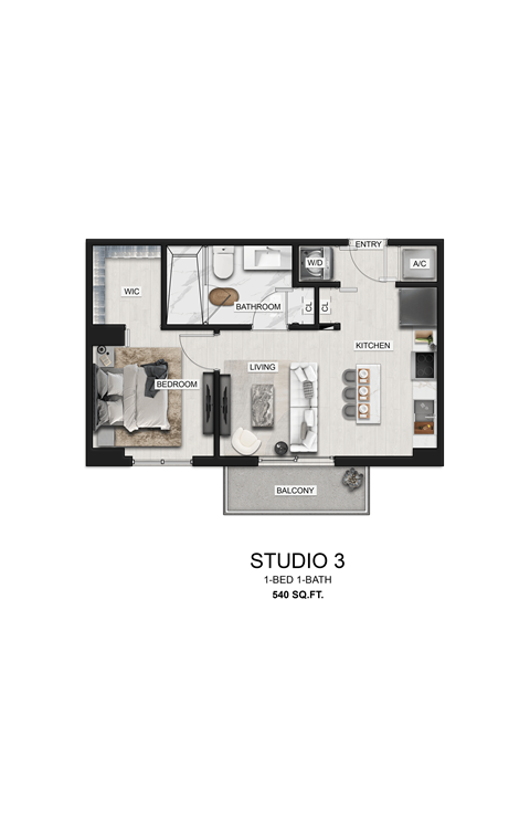 Floor plan for studio, 1 bath, 540 sqft